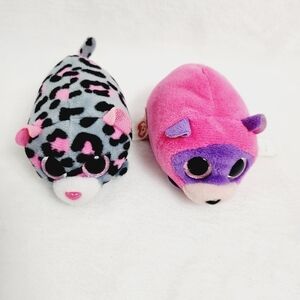 2 X TY TEENY TYS Rugger the raccon and Miles the leopard stuffed animals